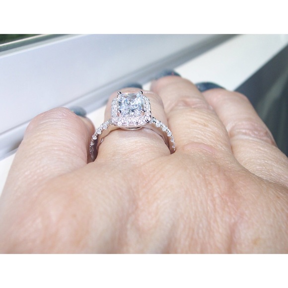 925 STERLING SILVER Radiant Cut Clear Cubic Zirconia Halo Ring - Picture 5 of 16